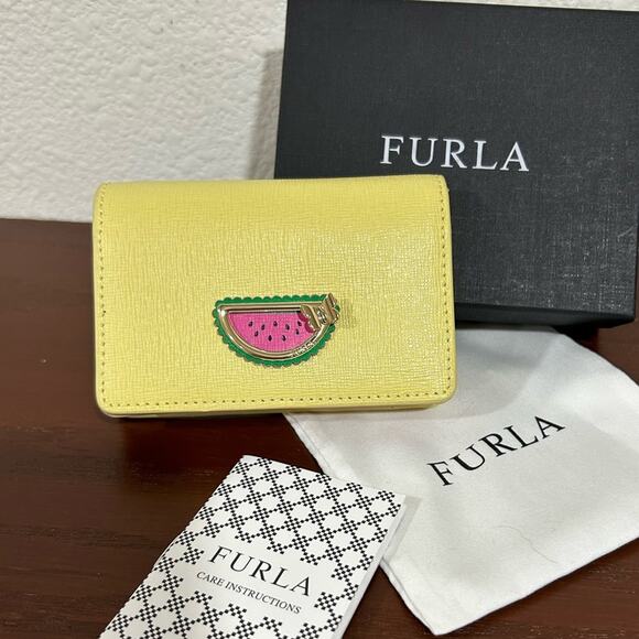 Furla mini wallet / card holder. Yellow butterfly watermelon leather New